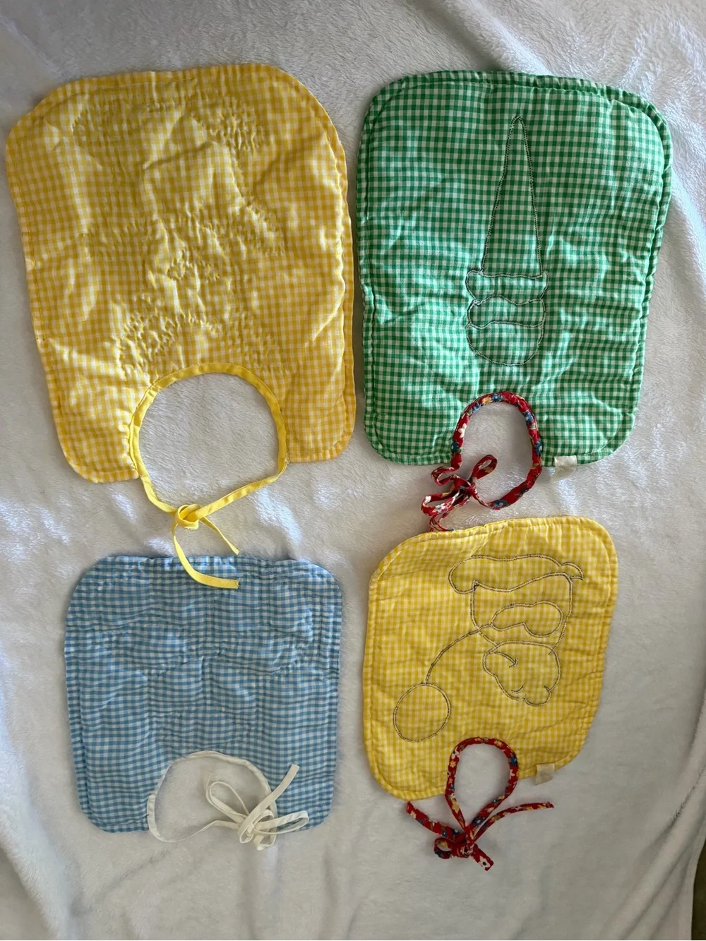 Vintage baby Yellow, Blue, Green Gingham Applique Bib Set